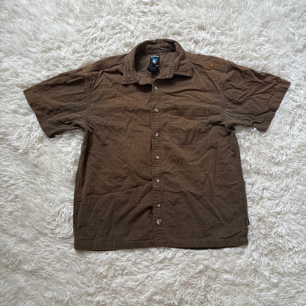 Kuhl Mens Brown Textured Grid Short Sleeve Button Down Shirt Tencel Rayon Medium